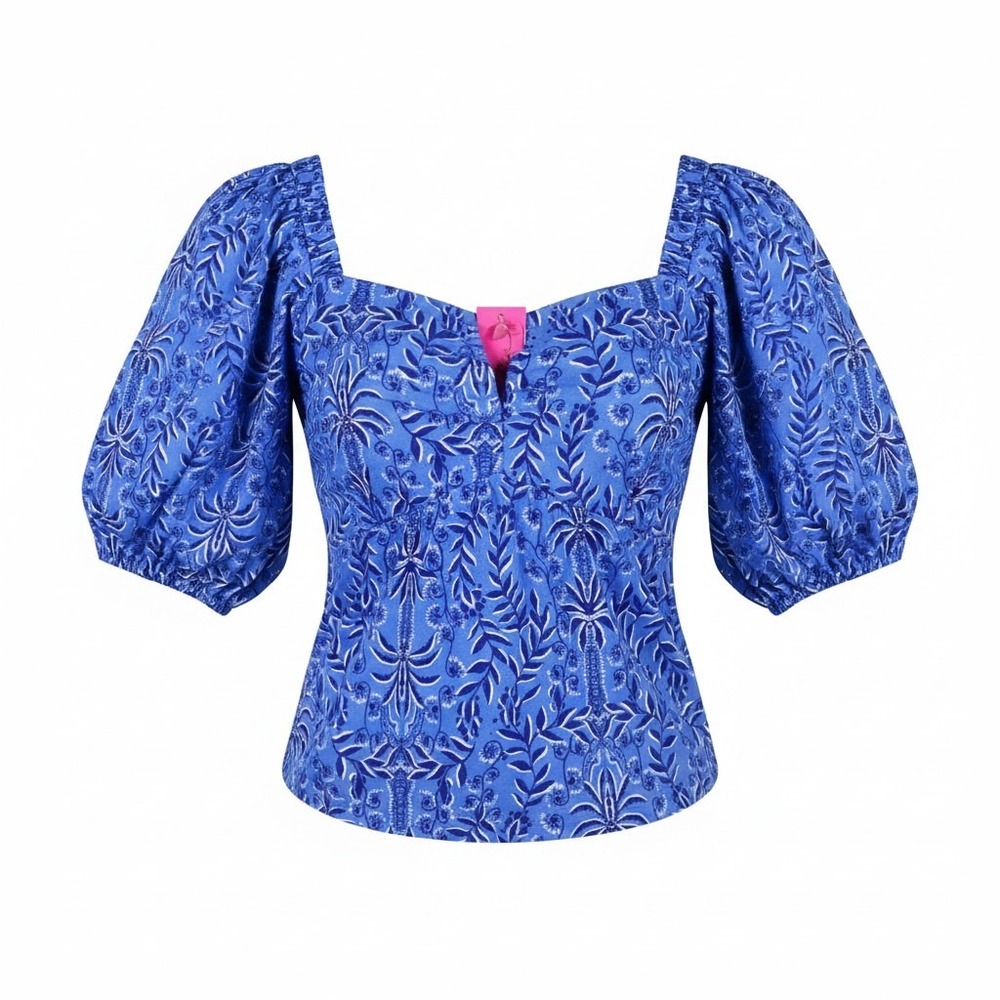 Lilly Pulitzer Womens Blue Botanical Puff Sleeve Square Neck Knit Top NWT XL